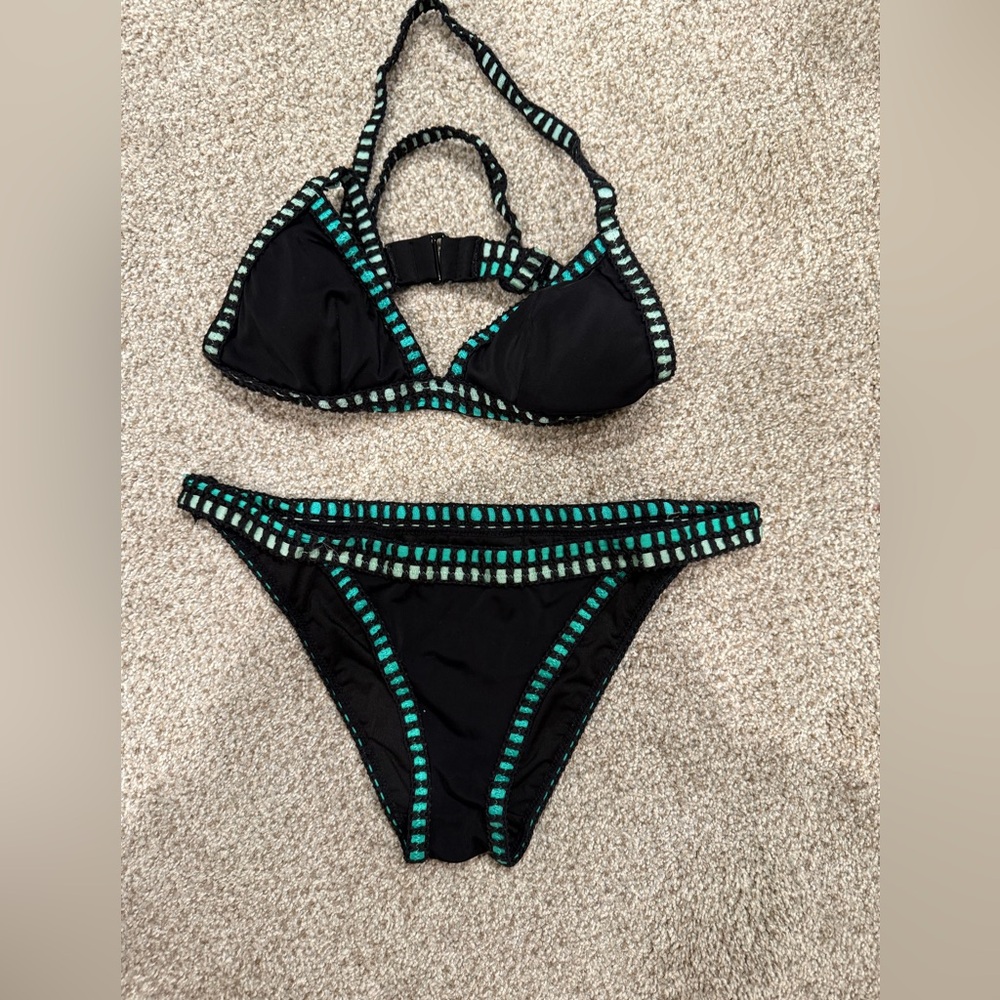 Victoria's Secret Black & Teal Woven Trim Bikini (Top XS / Bottom S)